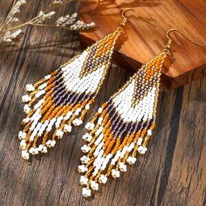 Bohemian Ethnic Glass Bead Tassel Drop & Dangle Earrings for Women,